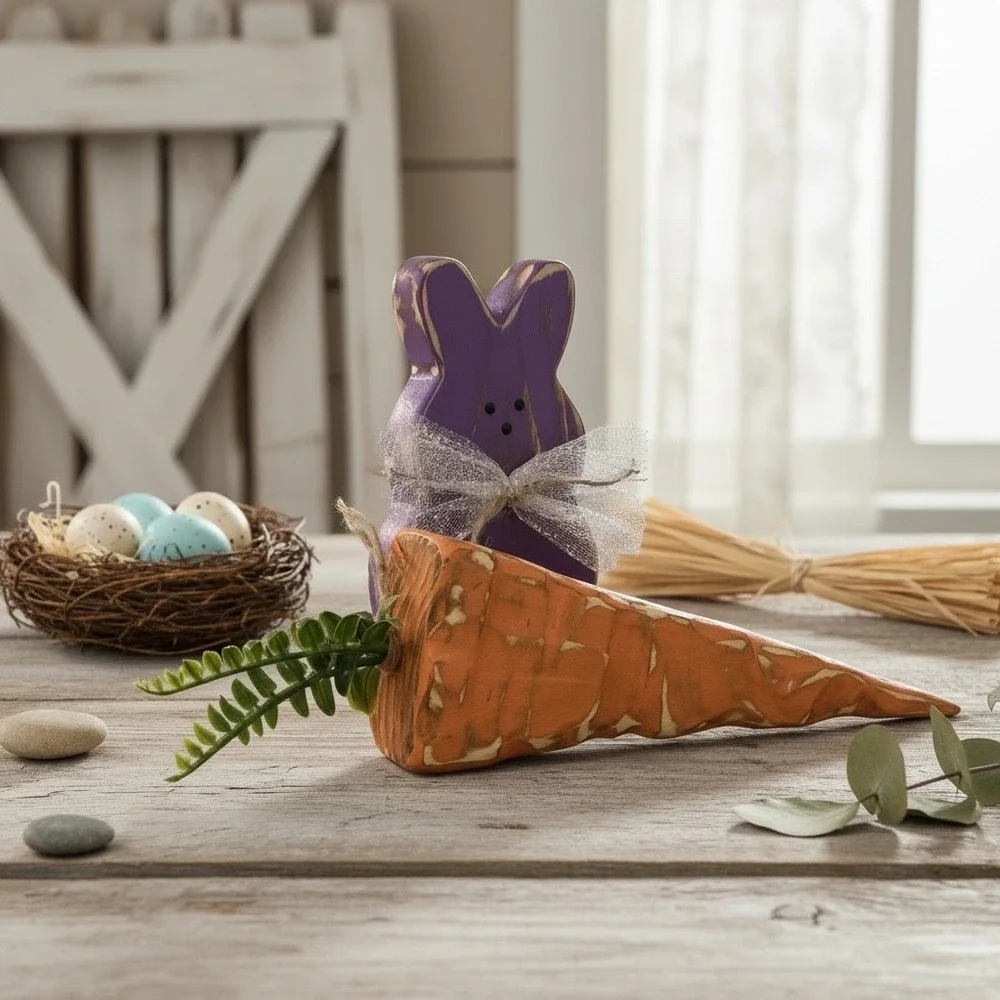 Rustic Wooden Easter Bunny and Carrot Decor Set Purple Distressed Farmhouse